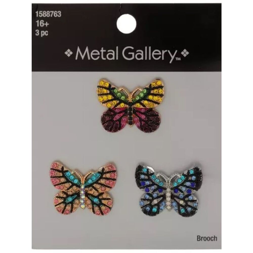New 3 Metal Gallery Multicolor Butterfly Brooch Set - 3pc